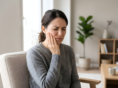 Concerned young female grimacing with closed eyes due to sudden TMJ jaw joint or wisdom tooth inflammation at home.