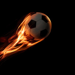 Fototapeta premium flaming soccer ball with fiery trail on black background, blazing football in motion with dramatic fire streak, dynamic soccer ball action with glowing flame trail on dark background