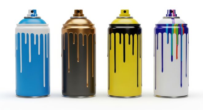 Set of Four Colorful Spray Paint Cans with Drip Effects Isolated on White Background for Street Art and Design