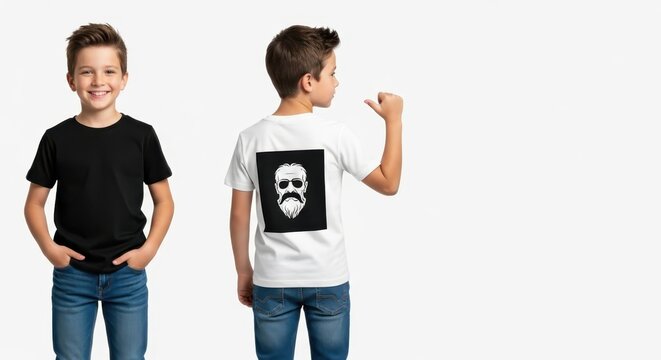 Young Boy Modeling Black and White T-Shirts with Graphic Print Mockup Isolated on White Background