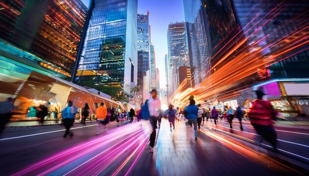 a vibrant abstract cityscape captures the blurred motion of pedestrians illuminated by striking neon lights creating a dynamic and artistic visual experience