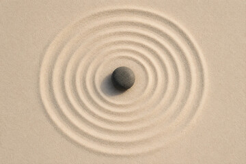 Naklejka premium A smooth stone centered within concentric sand ripples in a minimalist Zen garden, symbolizing balance, mindfulness, meditation and inner peace. AI Generated.