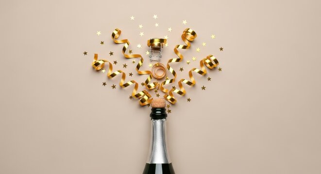 Champagne Bottle with Golden Streamers and Star Confetti Explosion on Beige Background for Celebration