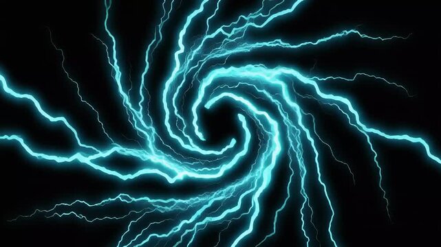 Bright blue electrical lightning bolts spiral inward toward a dark central point.