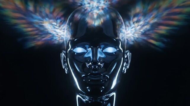 Futuristic metallic android head with glowing blue eyes.