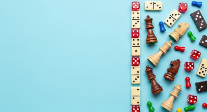 Various Board Game Pieces Including Chess, Dominoes, and Dice on a Light Blue Background with Copy Space