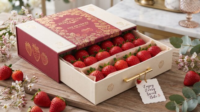 Luxury strawberry gift box with fresh ripe red berries arranged in elegant drawer packaging on wooden table with flowers