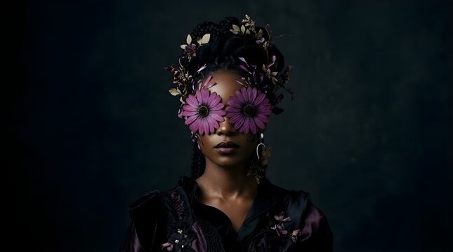 Portrait of a woman with purple floral eyes posing against dark background