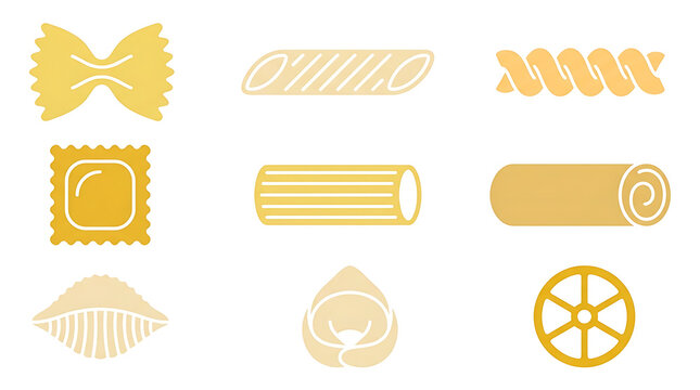 Traditional Italian Pasta Shapes Flat Vector Icon Set Isolated on White Background