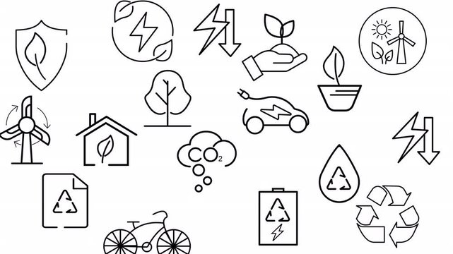 Ecological Line Art Icons Set, 12 Eco Friendly Vector Elements, Renewable Energy, Green Living, Recycling Symbol, Sustainable Environment, Flat Outline Design