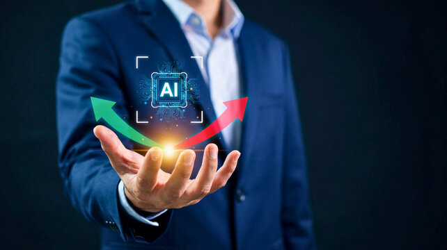 Business Executive Holding Artificial Intelligence Digital Processor Concept with Growing Trends