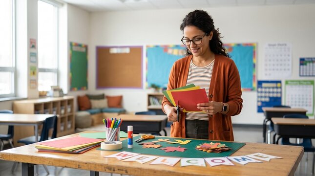 Teacher preparing classroom decorations, Teacher organizing educational materials while standing at desk in classroom  