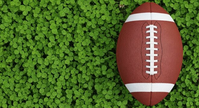 American Football Ball Lying on Green Clover Grass Background with Copy Space for Sports and Luck Concept