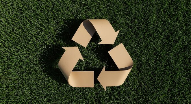 Eco-Friendly Recycling Sign Made of Cardboard on Natural Green Grass Texture - Sustainability Concept