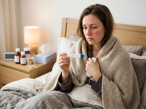 Sick woman wrapped in a blanket checking her temperature with a digital thermometer in bed.