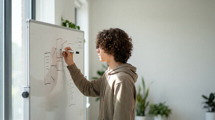 Fototapeta premium Teenager drawing on a whiteboard, Young man drawing on whiteboard while standing indoors in daylight 