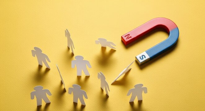 Horseshoe Magnet Attracting Paper People Cutouts on Yellow Background Representing Customer Acquisition and Marketing Strategy