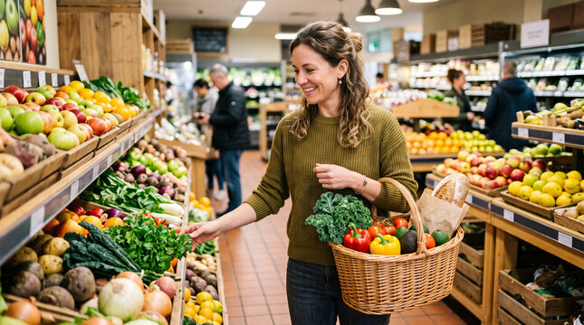 woman with food basket at grocery or supermarket organic market