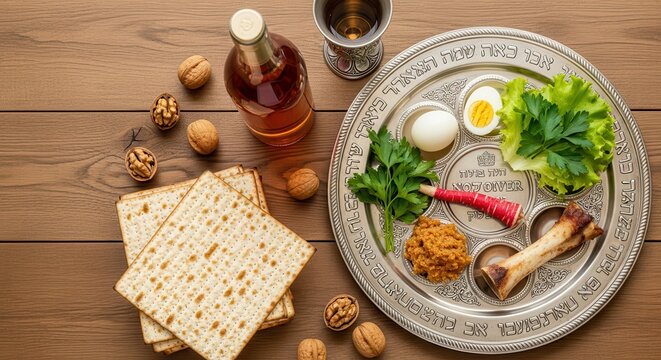 Traditional Passover Seder Plate with Matzah, Wine, and Symbolic Foods on a Rustic Wooden Table Background