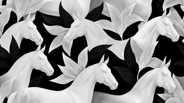 Luxury sculptural embossed equestrian seamless pattern with white horse bas-relief and stylized tropical leaves on black background, premium monochrome wallpaper for interior design and textiles