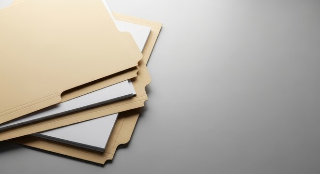 Stack of Manila File Folders with White Paper Documents on Grey Background with Copy Space