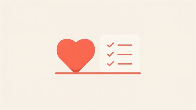 Minimalist heart icon beside checklist document symbol representing personal priorities and emotional wellness goals concept illustration with checkmarks neutral background