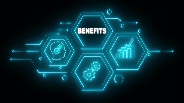 futuristic neon blue digital infographic animation showcasing business benefits growth strategy and innovation with brain and gear icons on dark background