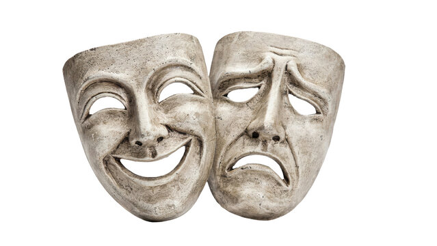 Detailed stone textured comedy and tragedy theater masks representing bipolar emotions with ancient artistic style and weathered finish isolated for creative projects on transparent background