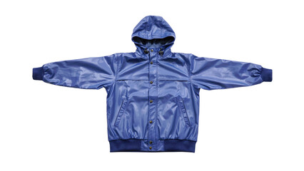 Bright blue waterproof windbreaker jacket with a hood featuring long sleeves and metal buttons for casual outdoor wear isolated as a product shot on transparent background © shahar