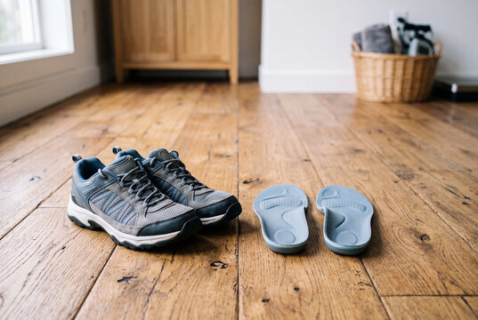 Supportive orthopedic insoles sit next to a pair of walking shoes on a wooden floor in a simple podiatry area. The space has bright lighting and modern design features