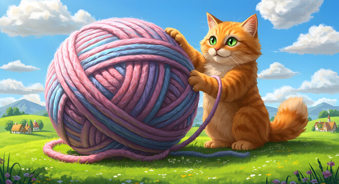 A whimsical scene of a giant, friendly cat playing with a ball of yarn the size of a house
