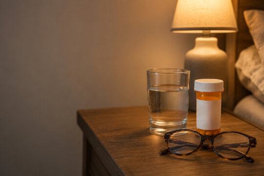 Prescription bottle with medicine and glass of water on bedside table with glasses. Medication for cardiovascular disease management. Healthcare and daily routine treatment concept.