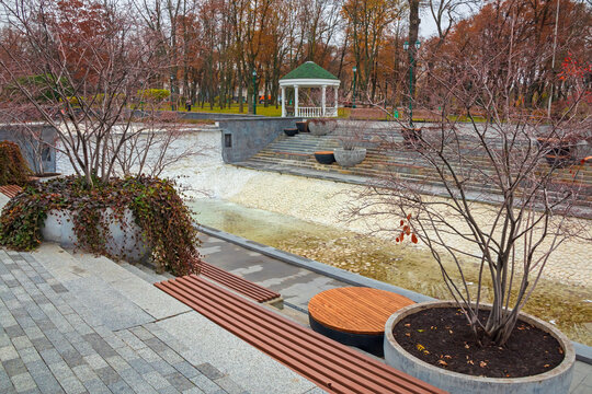 Pond in Shevchenko Garden in Kharkiv city, autumn day. No people