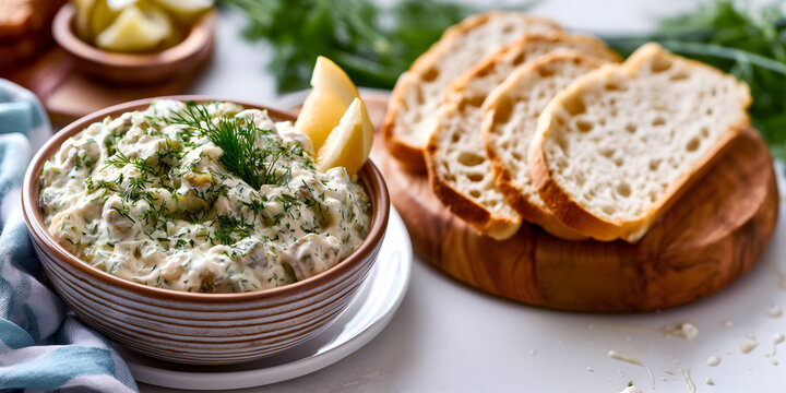 Creative food template. Creamy Homemade Tartar Sauce with mayonnaise, fresh dill herbs, lemon pickles with slices of bread on wooden platter. copy text space