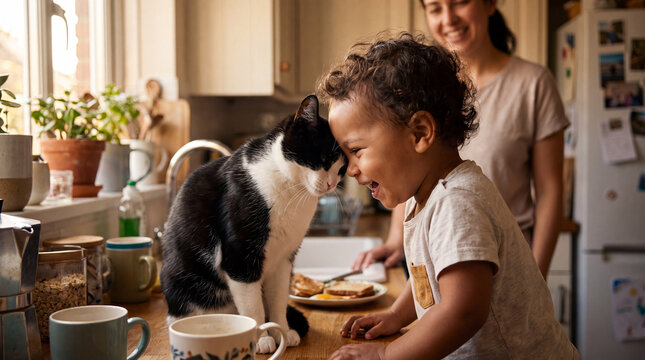 International Cat Day: a happy toddler touches a cute black-and-white cat in a cozy kitchen, celebrating family pet love for greeting and marketing visuals