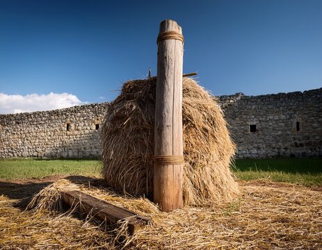 a rough wooden pillory in hay against a stone castle wall