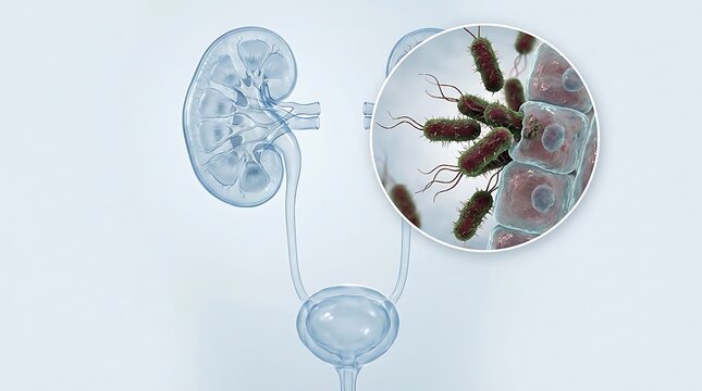 3d medical illustration of a urinary tract infection showing bacteria attacking the kidney tissue and cells