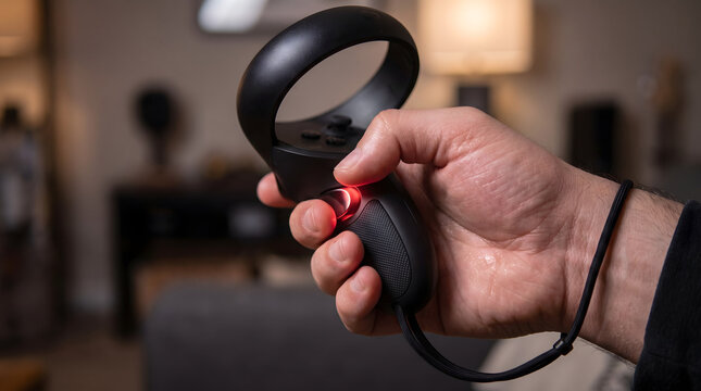 Sweaty hand with wrist strap holding an Oculus Rift VR controller with an active red LED light.