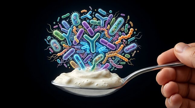 A spoonful of yogurt with a vibrant cloud of diverse probiotic bacteria and microorganisms floating above it, representing gut health and nutrition