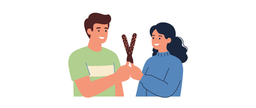 Happy Young Couple Holding Chocolate Dipped Biscuit Sticks for Pocky Day Celebration Illustration