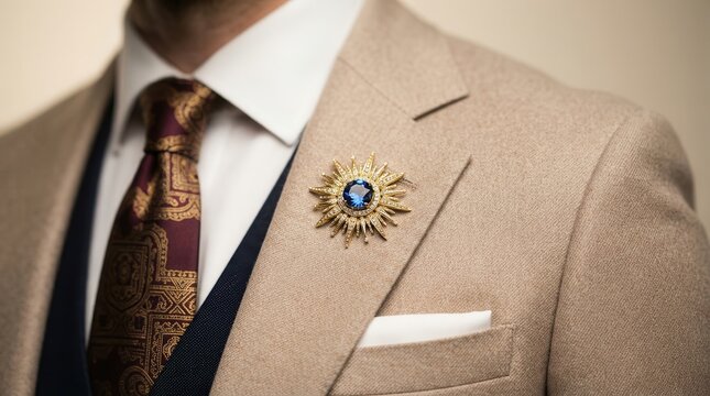 Detailed view of formal men's attire including a jeweled lapel brooch and patterned necktie.