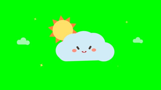 Cute smiling cartoon cloud and bright yellow sun illustration on green screen background for animation