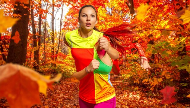 Woman running in colorful autumn forest with motion blur