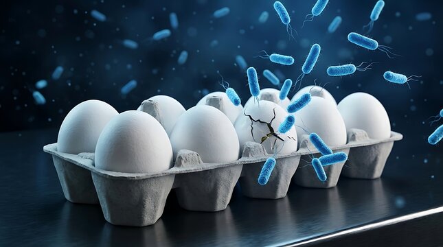 Conceptual illustration of salmonella bacteria contaminating a carton of eggs