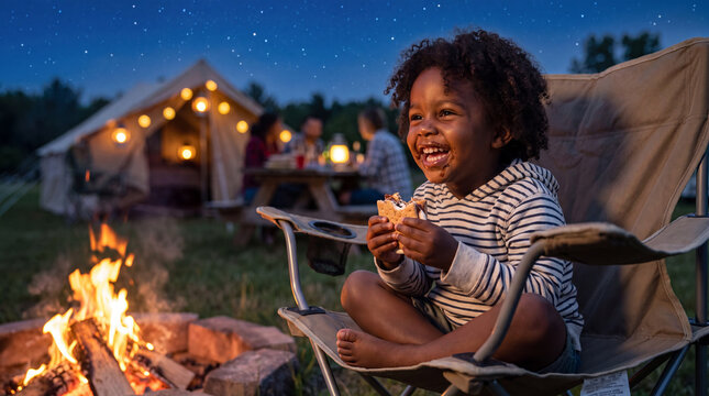 A joyful toddler sits in a camping chair and eats a melty s'more by lantern light for National S'mores Day lifestyle photography