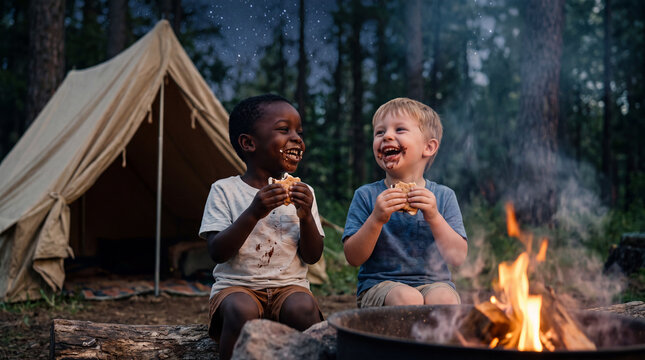 Two happy toddlers eat gooey s'mores around a campfire at a forest campsite for National S'mores Day outdoor lifestyle content