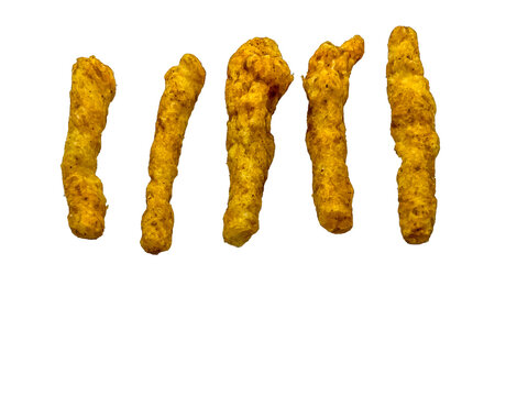 Five Spicy Crunchy Cheese Corn Puffs Snacks ( kurkure ) on Transparent Background Perfect for food packaging, snack marketing, advertising, and culinary design layouts.