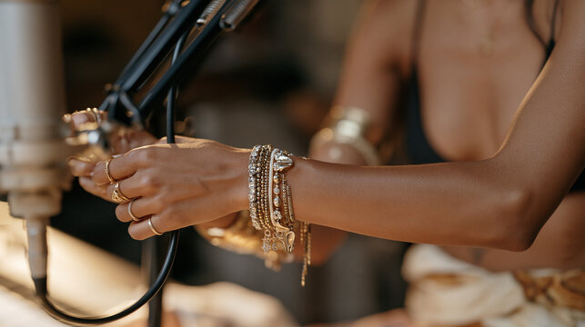 Voice dubbing artist's hands close up adjusting a microphone boom under an overcast studio skylight, cultural identity fashion accessories layered on the wrists reflecting