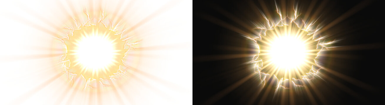 PNG image of Radiant golden sun burst featuring jagged electric lightning bolts and intense glowing light rays emitted from center on transparent background