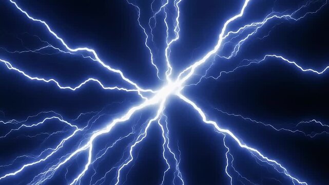 Bright white lightning bolts radiate from a central point against a dark blue background.